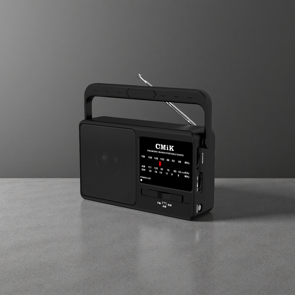 The black portable radio features an ultra-thin design and is powered by a dual-band digital FM/AM battery Specification image