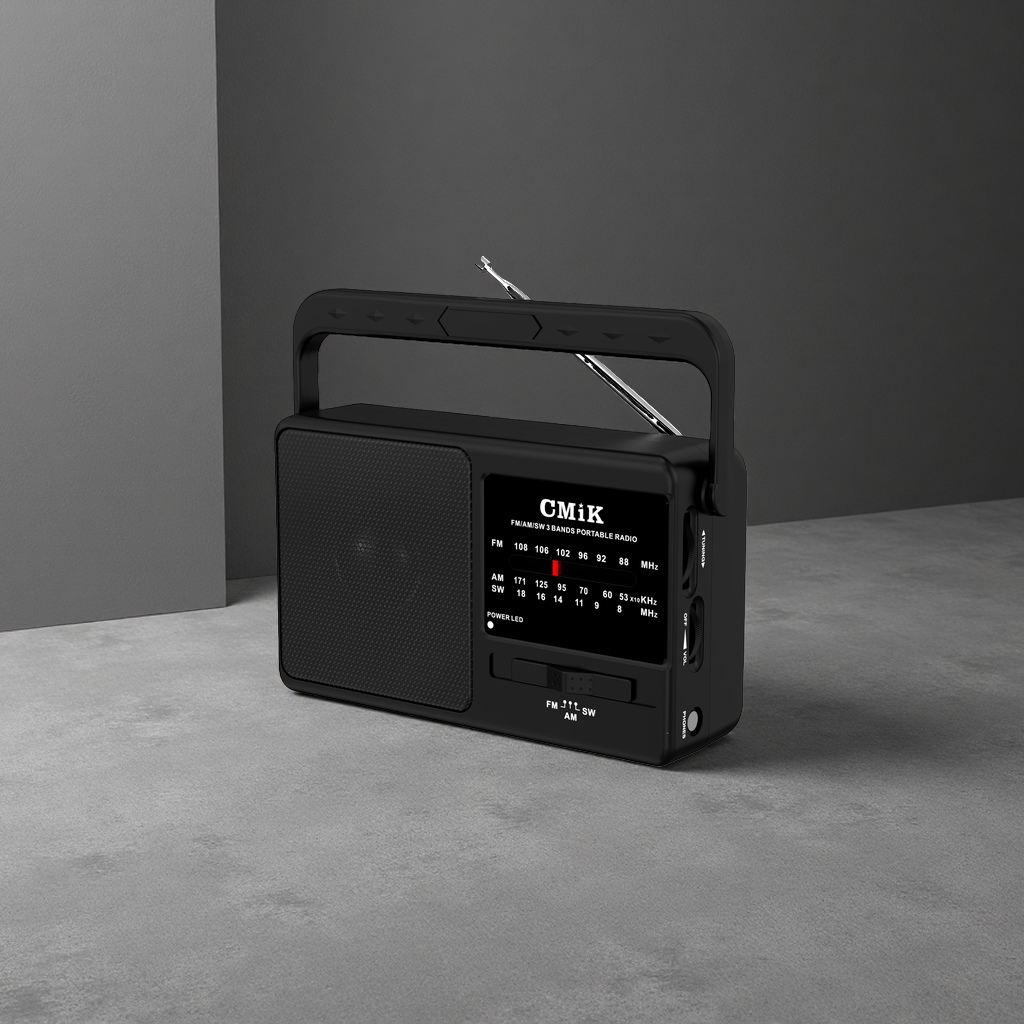 The black portable radio features an ultra-thin design and is powered by a dual-band digital FM/AM battery