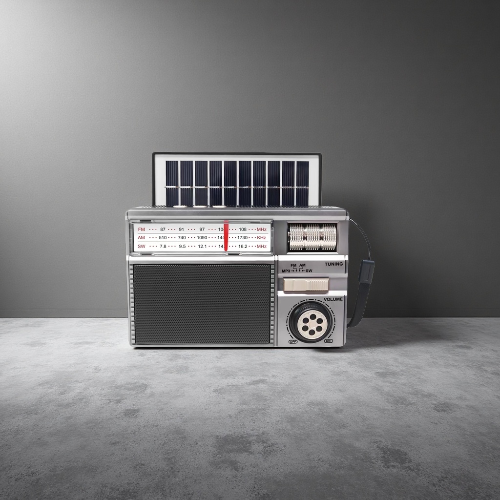 Silver vintage radio with solar panel tuning knob, wooden case, portable Specification image