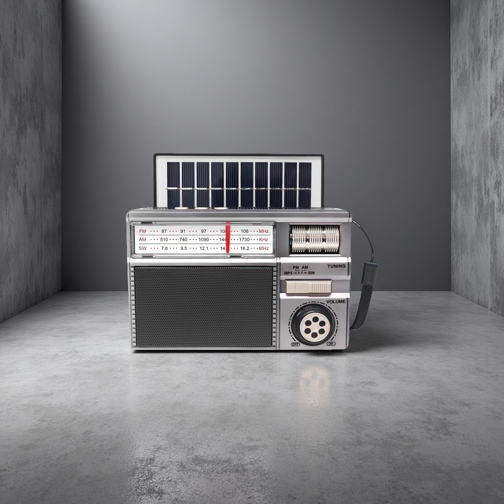 Silver vintage radio with solar panel tuning knob, wooden case, portable details Picture