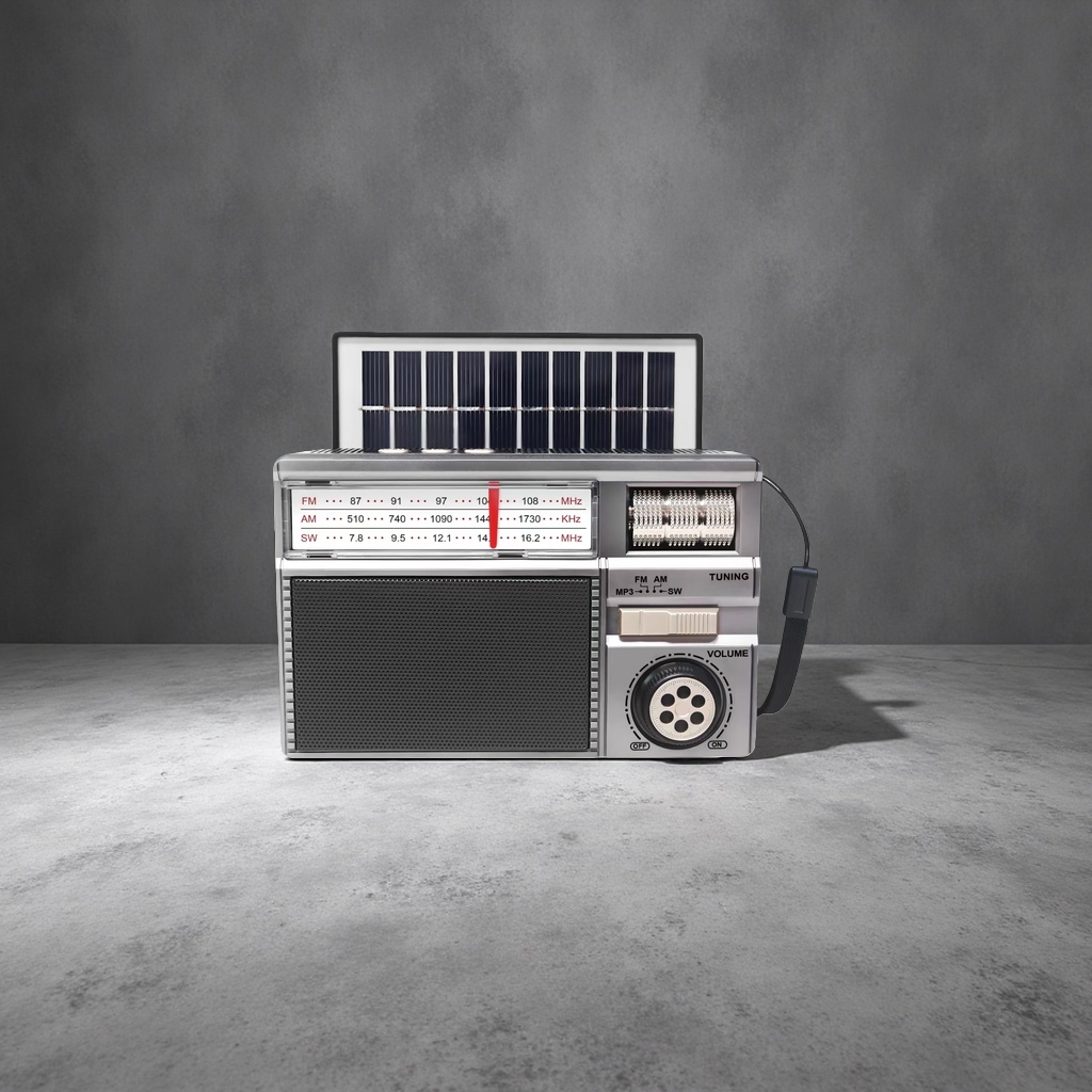 Silver vintage radio with solar panel tuning knob, wooden case, portable Application Scenario