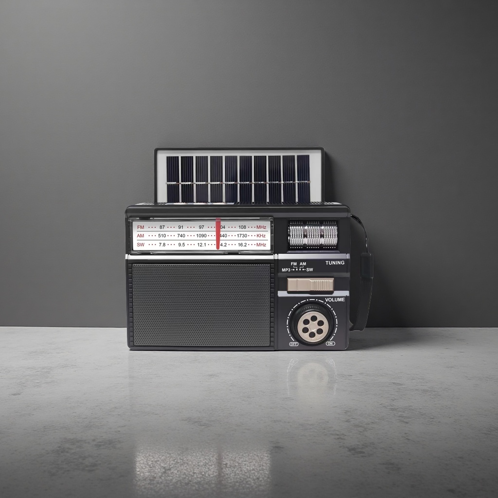 Black portable radio with solar panel knob control Application Scenario