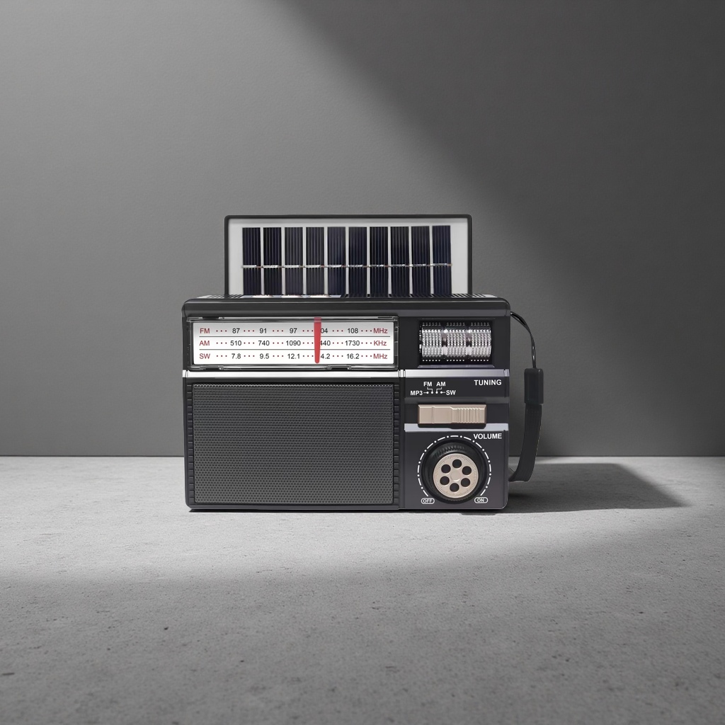 Black portable radio with solar panel knob control Specification image