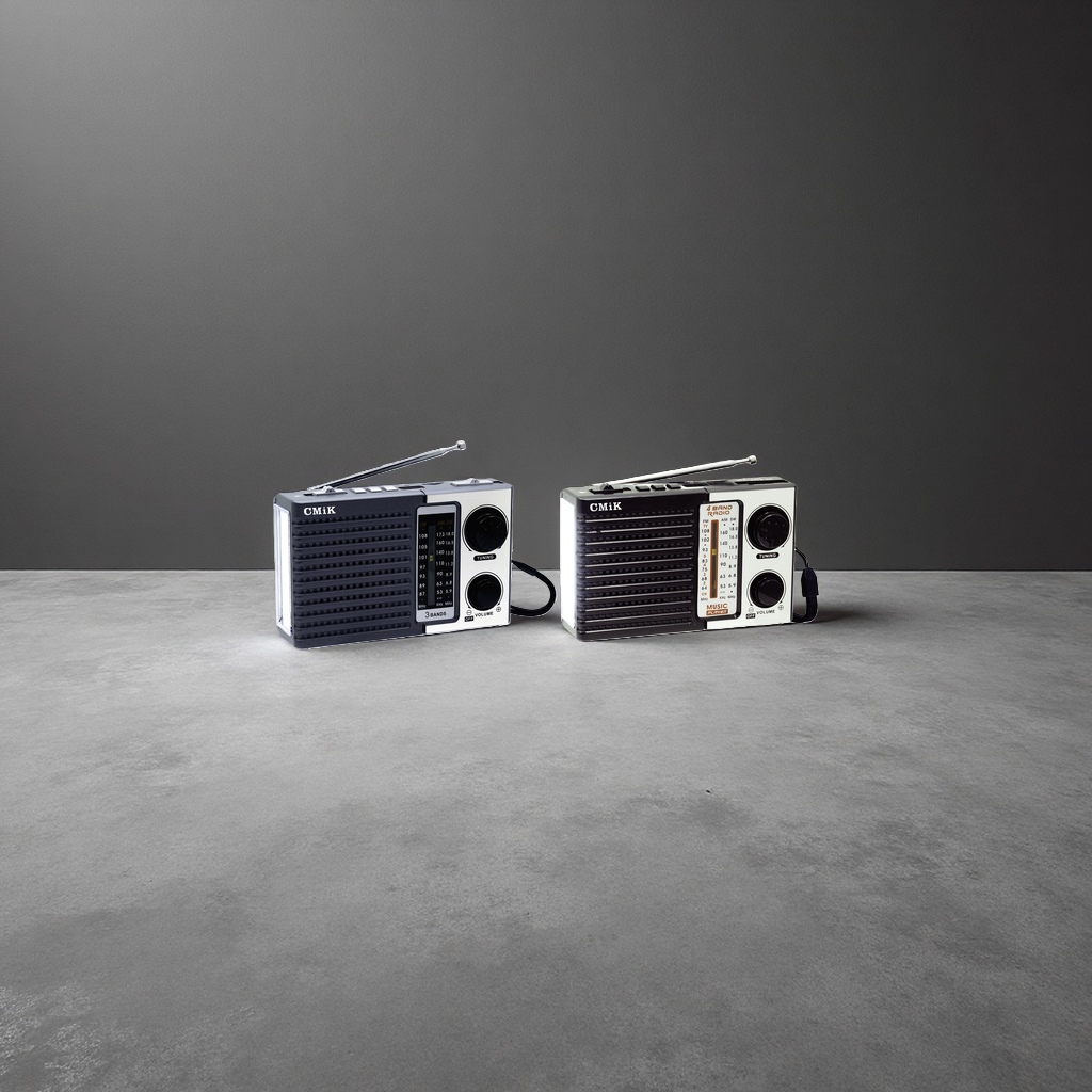 CMiK blue, gray and black dual-color portable radio with telescopic antenna, FM volume knob and frequency scale screen