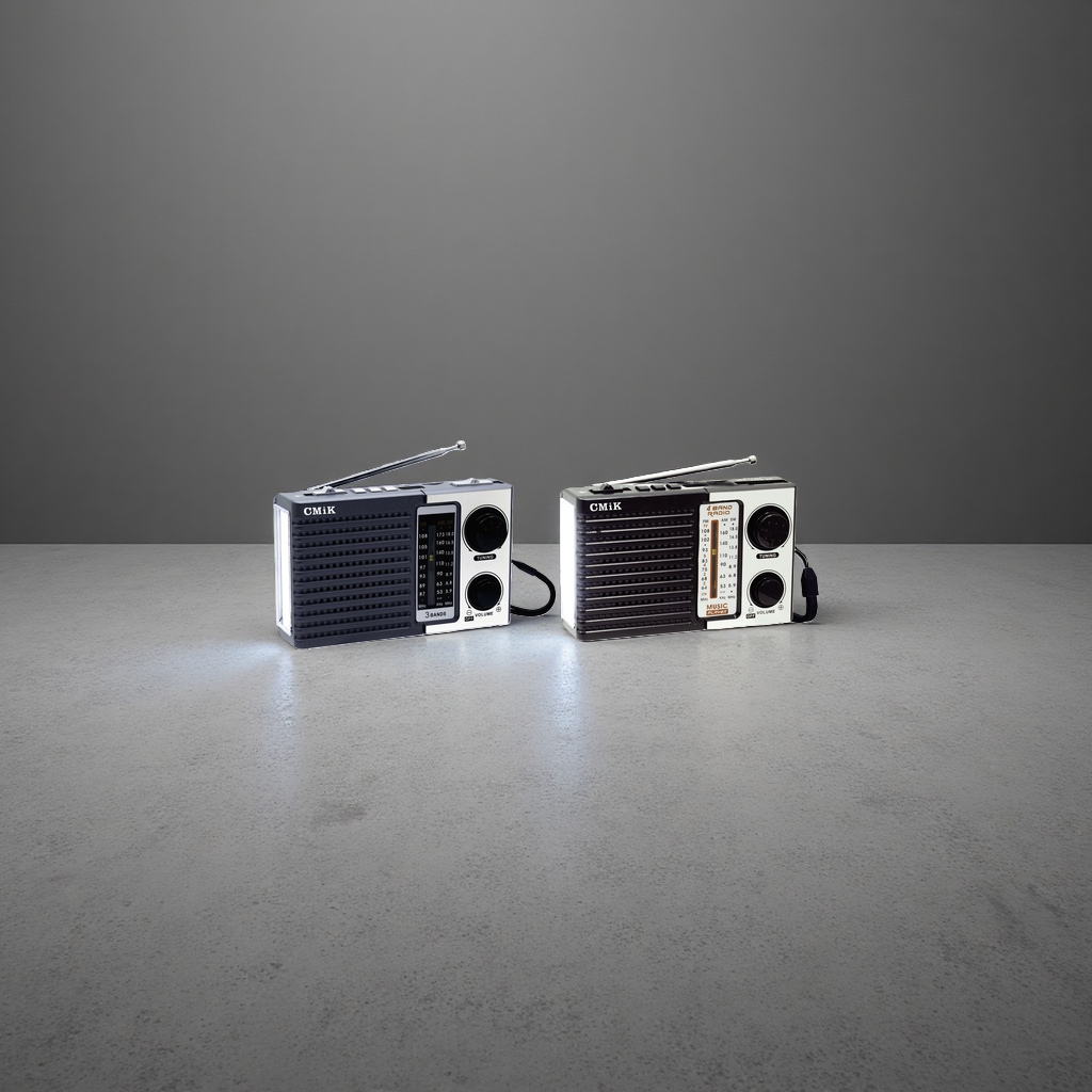 CMiK blue, gray and black dual-color portable radio with telescopic antenna, FM volume knob and frequency scale screen Specification image