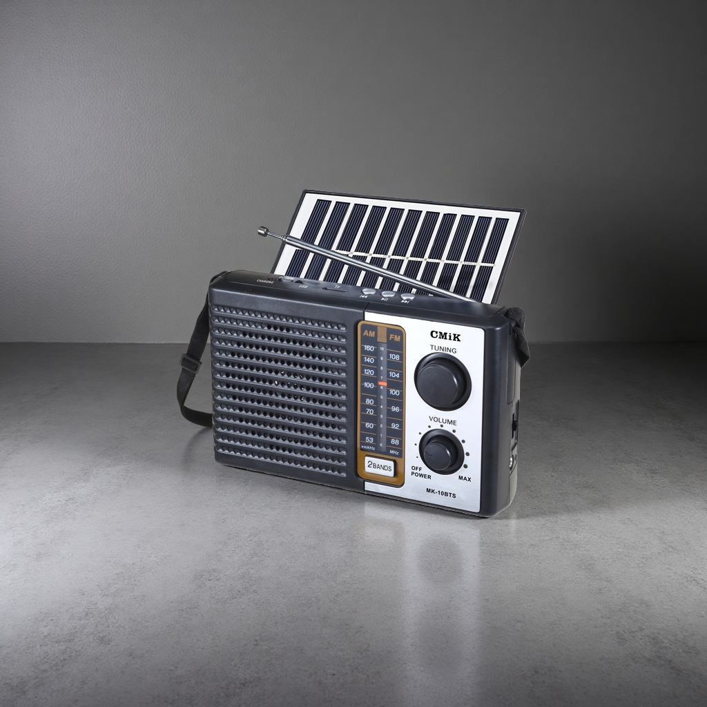 The black portable radio with a solar panel telescopic antenna has clear sound reception and long battery life Specification image