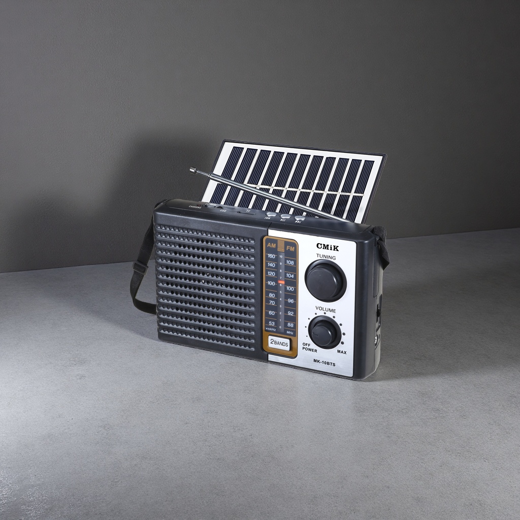 The black portable radio with a solar panel telescopic antenna has clear sound reception and long battery life