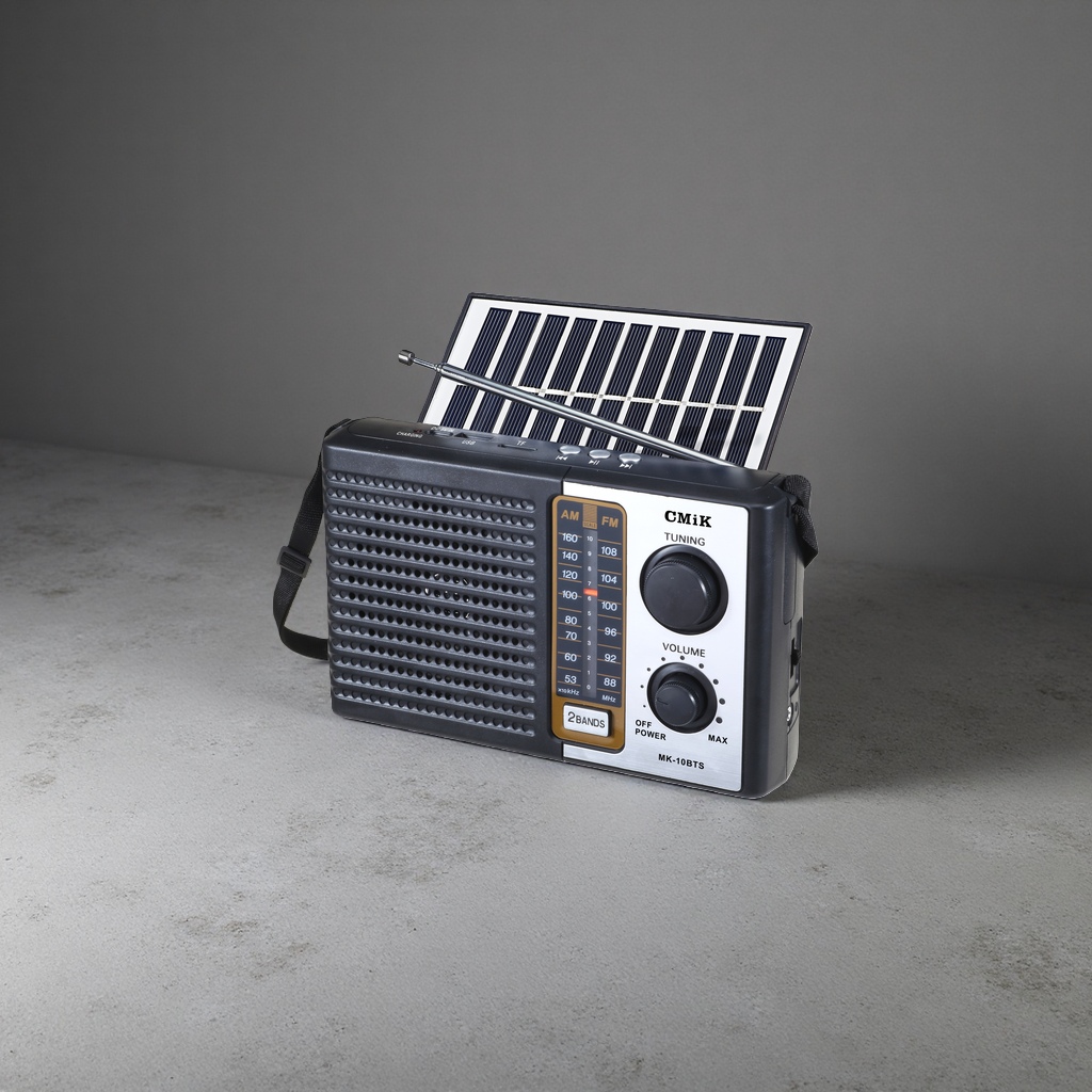 The black portable radio with a solar panel telescopic antenna has clear sound reception and long battery life details Picture