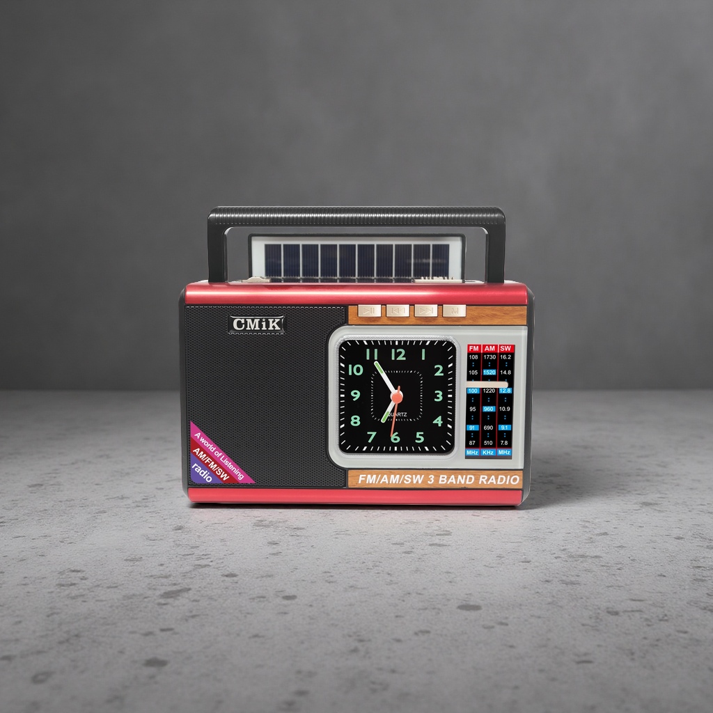 CMiK solar radio with red frame, black body, FM AM SW three-band analog clock details Picture