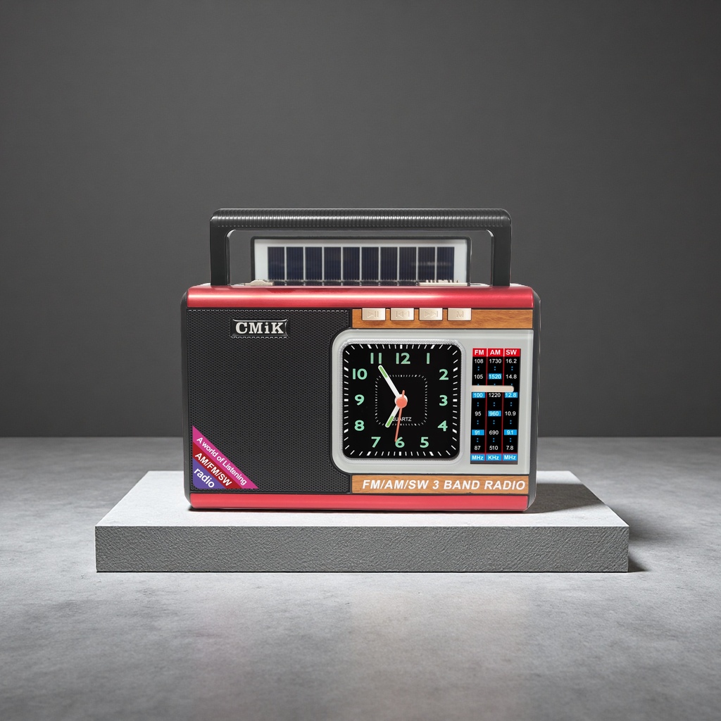 CMiK solar radio with red frame, black body, FM AM SW three-band analog clock CMiK solar radio with red frame, black body, FM AM SW three-band analog clock