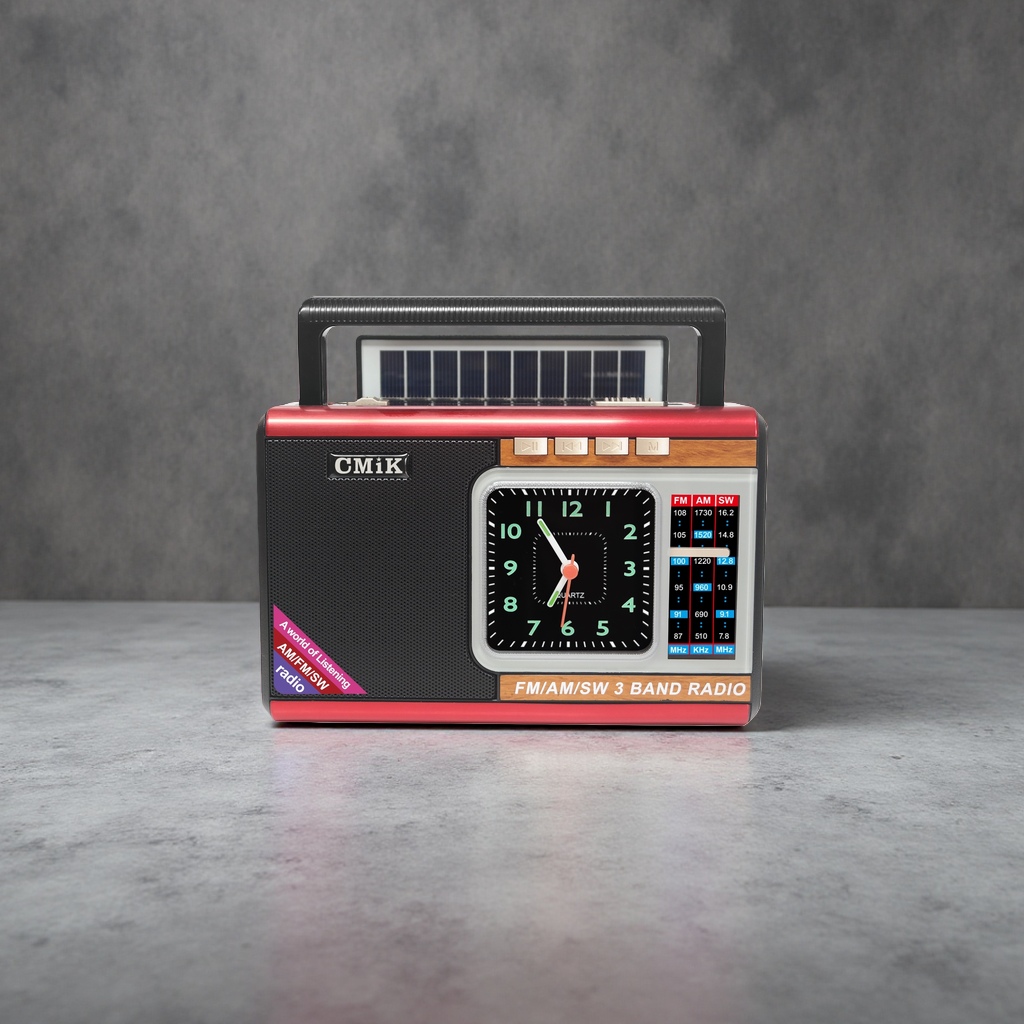 CMiK solar radio with red frame, black body, FM AM SW three-band analog clock Specification image