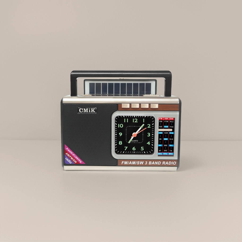 Black retro portable radio with solar panel analog clock and multi-functional receiving alarm clock details Picture