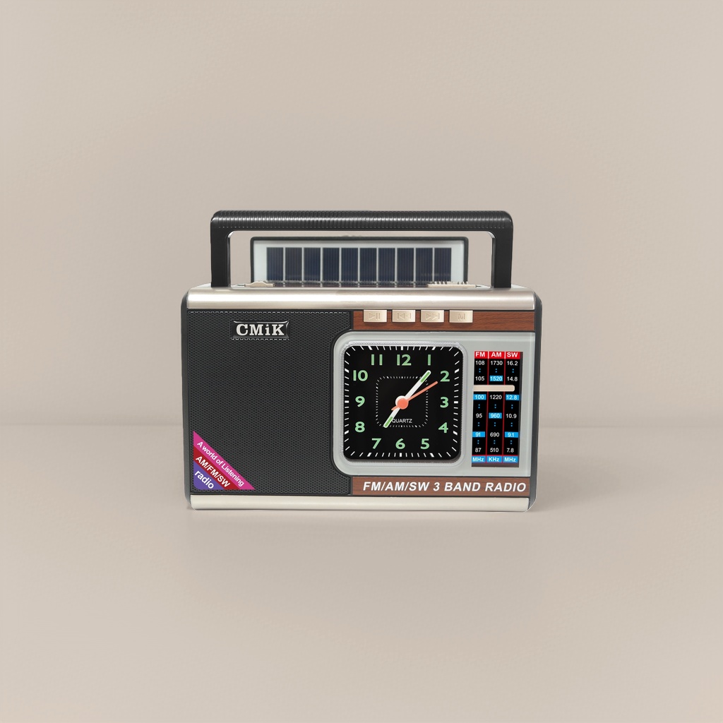 Black retro portable radio with solar panel analog clock and multi-functional receiving alarm clock Application Scenario