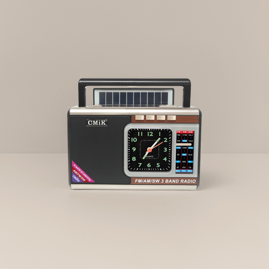 Black retro portable radio with solar panel analog clock and multi-functional receiving alarm clock Specification image