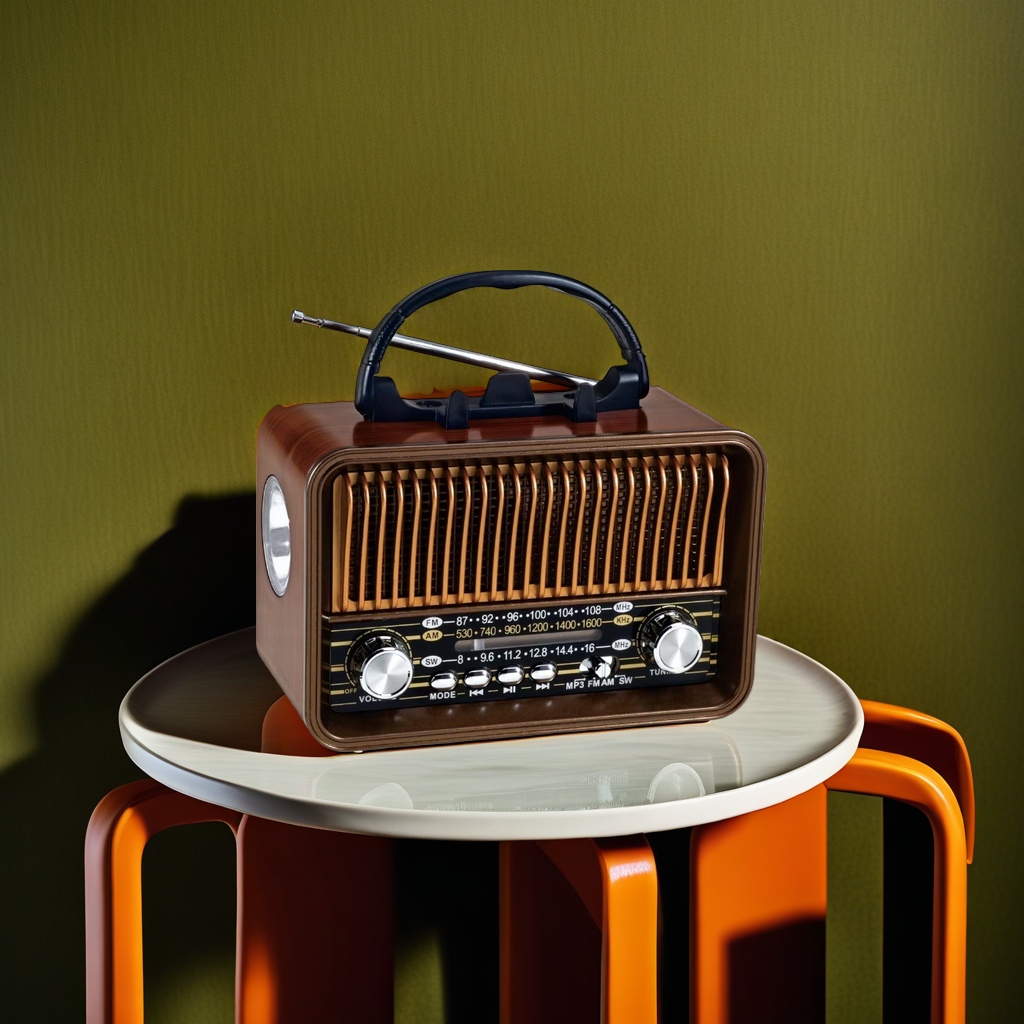 Brown vintage radio, old-fashioned wireless Bluetooth speaker, wooden shell, nostalgic sound effect Application Scenario