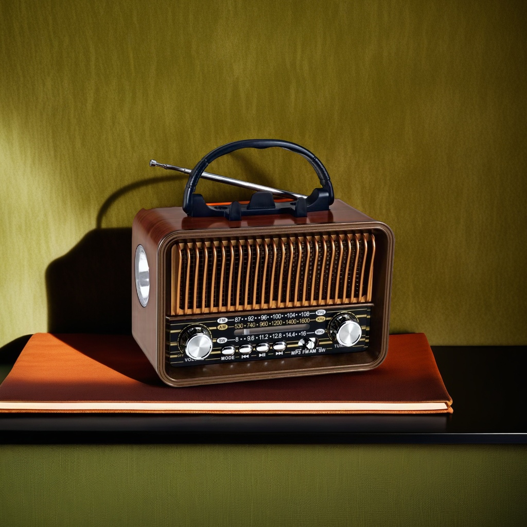 Brown vintage radio, old-fashioned wireless Bluetooth speaker, wooden shell, nostalgic sound effect Specification image