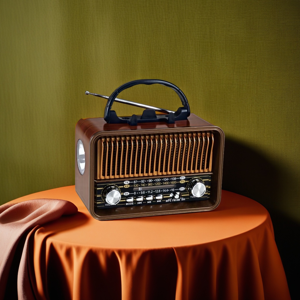 Brown vintage radio, old-fashioned wireless Bluetooth speaker, wooden shell, nostalgic sound effect Brown vintage radio, old-fashioned wireless Bluetooth speaker, wooden shell, nostalgic sound effect