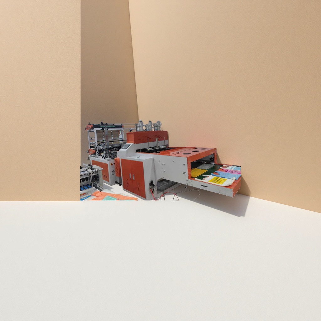 An automatic sealing multi-functional and highly efficient equipment for orange and white striped plastic bag printing and packaging machines