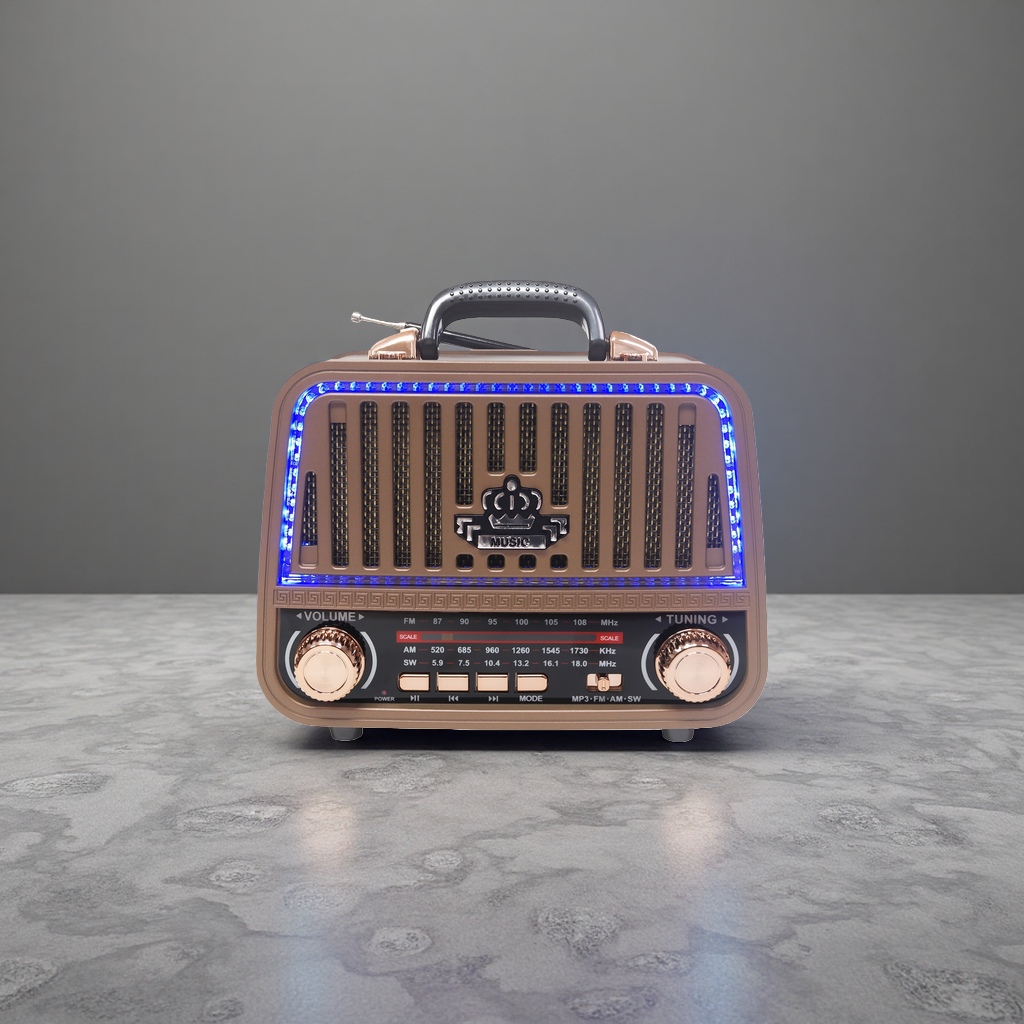 Brown retro portable radio with blue LED light ring and golden knob MUSIC logo Specification image