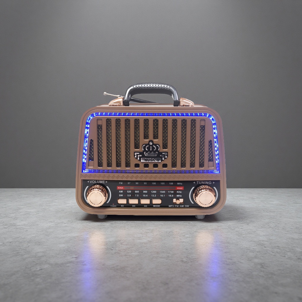 Brown retro portable radio with blue LED light ring and golden knob MUSIC logo details Picture