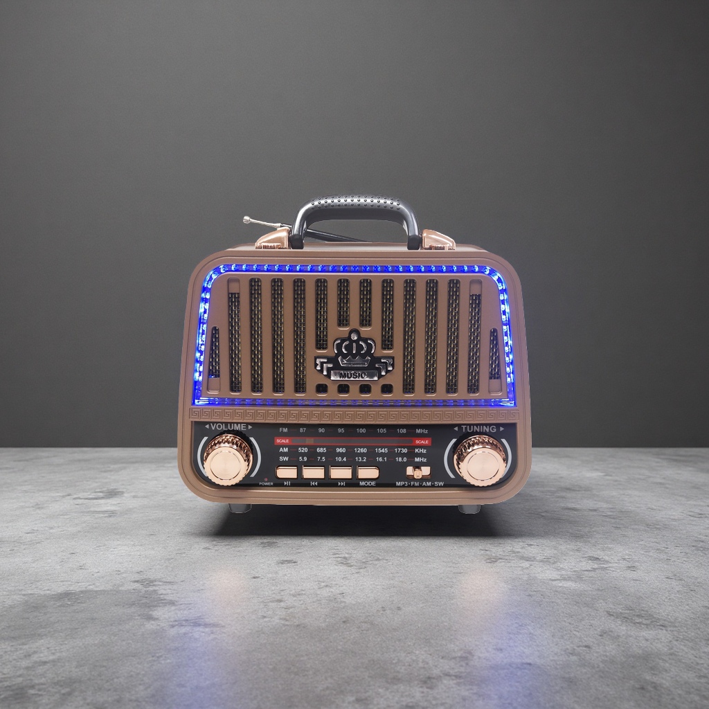 Brown retro portable radio with blue LED light ring and golden knob MUSIC logo Brown retro portable radio with blue LED light ring and golden knob MUSIC logo