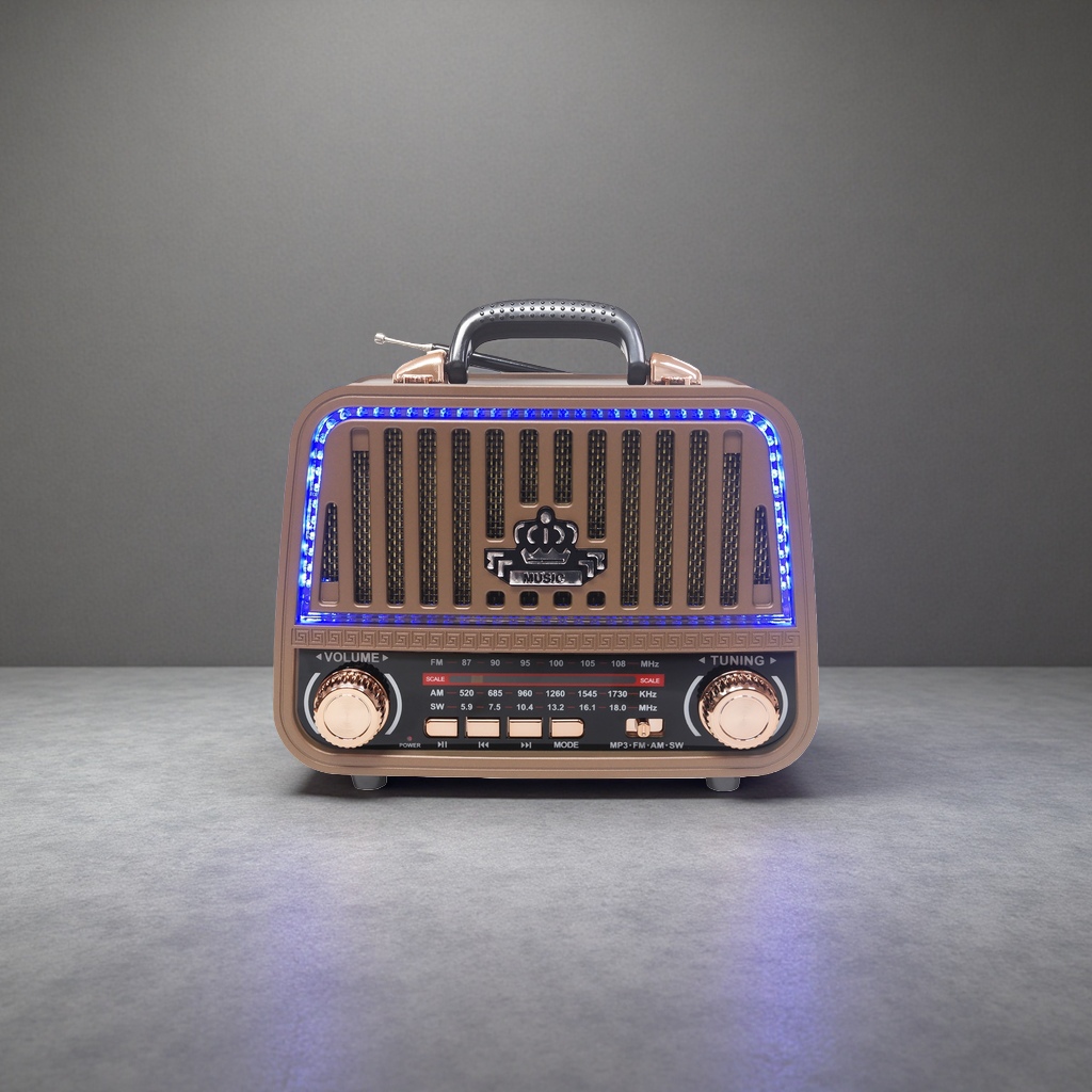 Brown retro portable radio with blue LED light ring and golden knob MUSIC logo Application Scenario