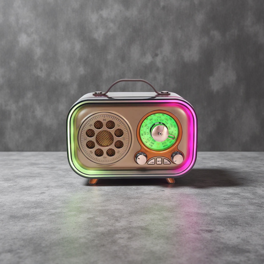A portable desktop Bluetooth speaker with a wooden shell in a retro style details Picture