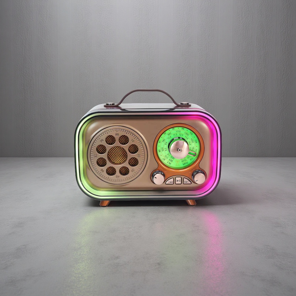 A portable desktop Bluetooth speaker with a wooden shell in a retro style Specification image