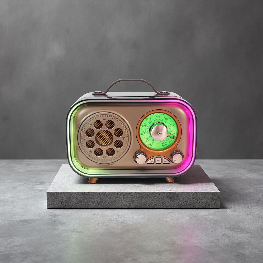A portable desktop Bluetooth speaker with a wooden shell in a retro style A portable desktop Bluetooth speaker with a wooden shell in a retro style