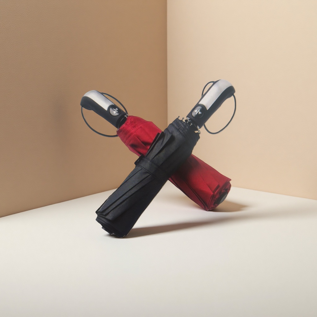 The black and red cross-folding umbrella is portable and can protect against sun and rain, suitable for both sunny and rainy days Application Scenario