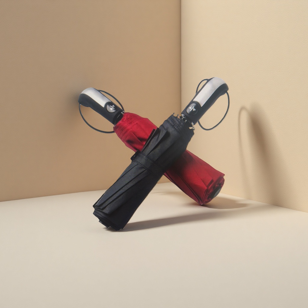 The black and red cross-folding umbrella is portable and can protect against sun and rain, suitable for both sunny and rainy days Specification image