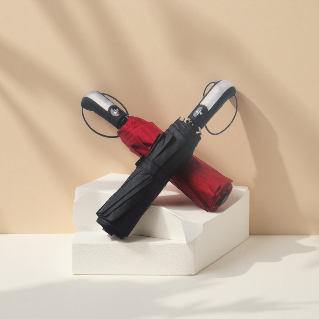 The black and red cross-folding umbrella is portable and can protect against sun and rain, suitable for both sunny and rainy days details Picture