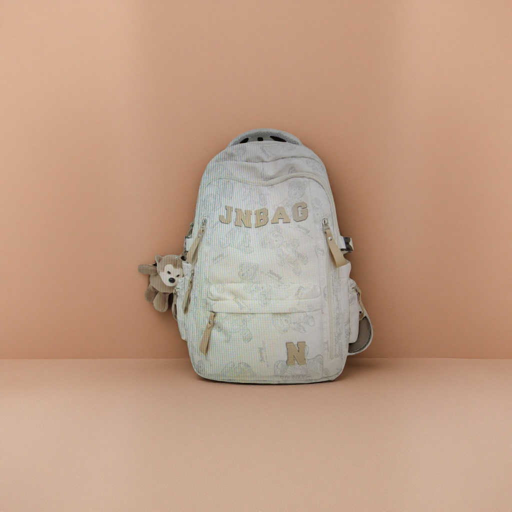 Beige printed backpack JNBAG with letter decoration N patch bear plush pendant Application Scenario