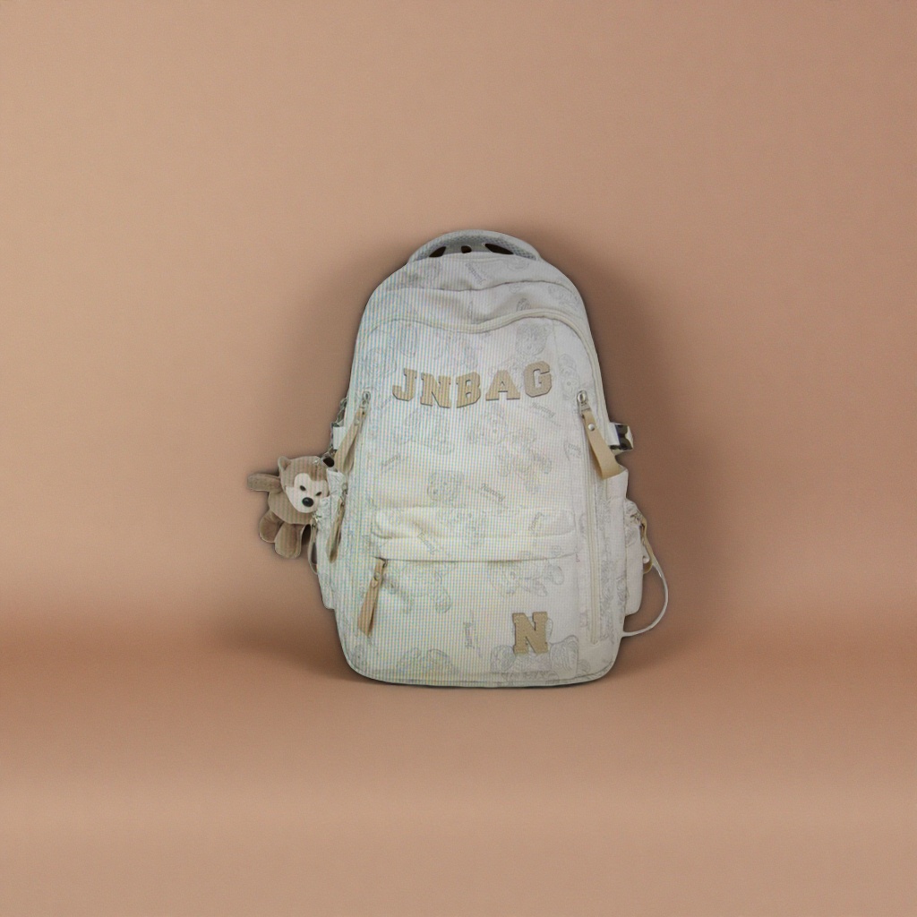Beige printed backpack JNBAG with letter decoration N patch bear plush pendant