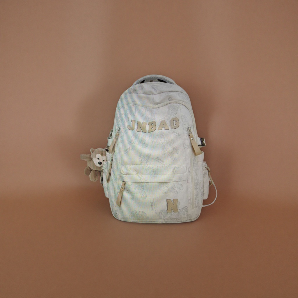 Beige printed backpack JNBAG with letter decoration N patch bear plush pendant Specification image