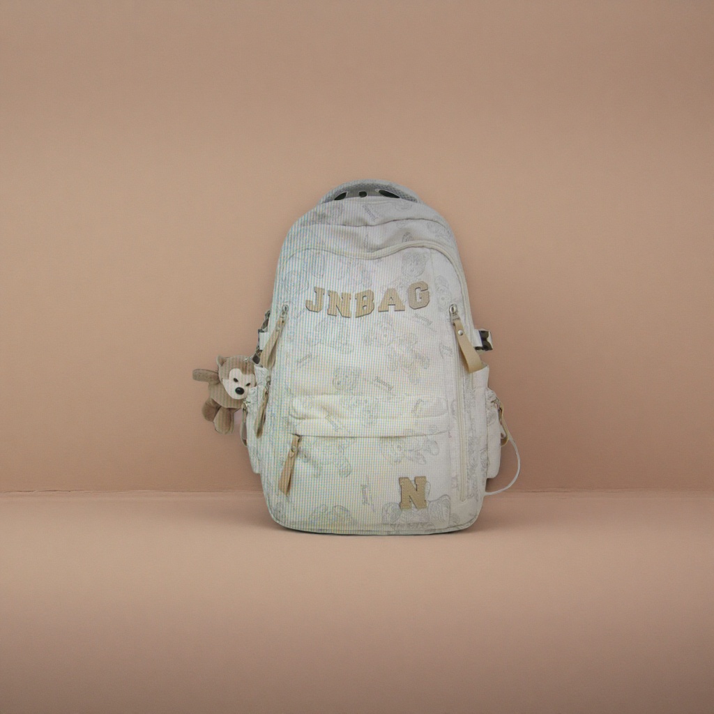 Beige printed backpack JNBAG with letter decoration N patch bear plush pendant details Picture