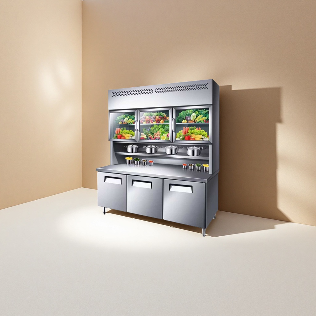 Stainless steel kitchen countertop with storage cabinet and glass display cabinet details Picture