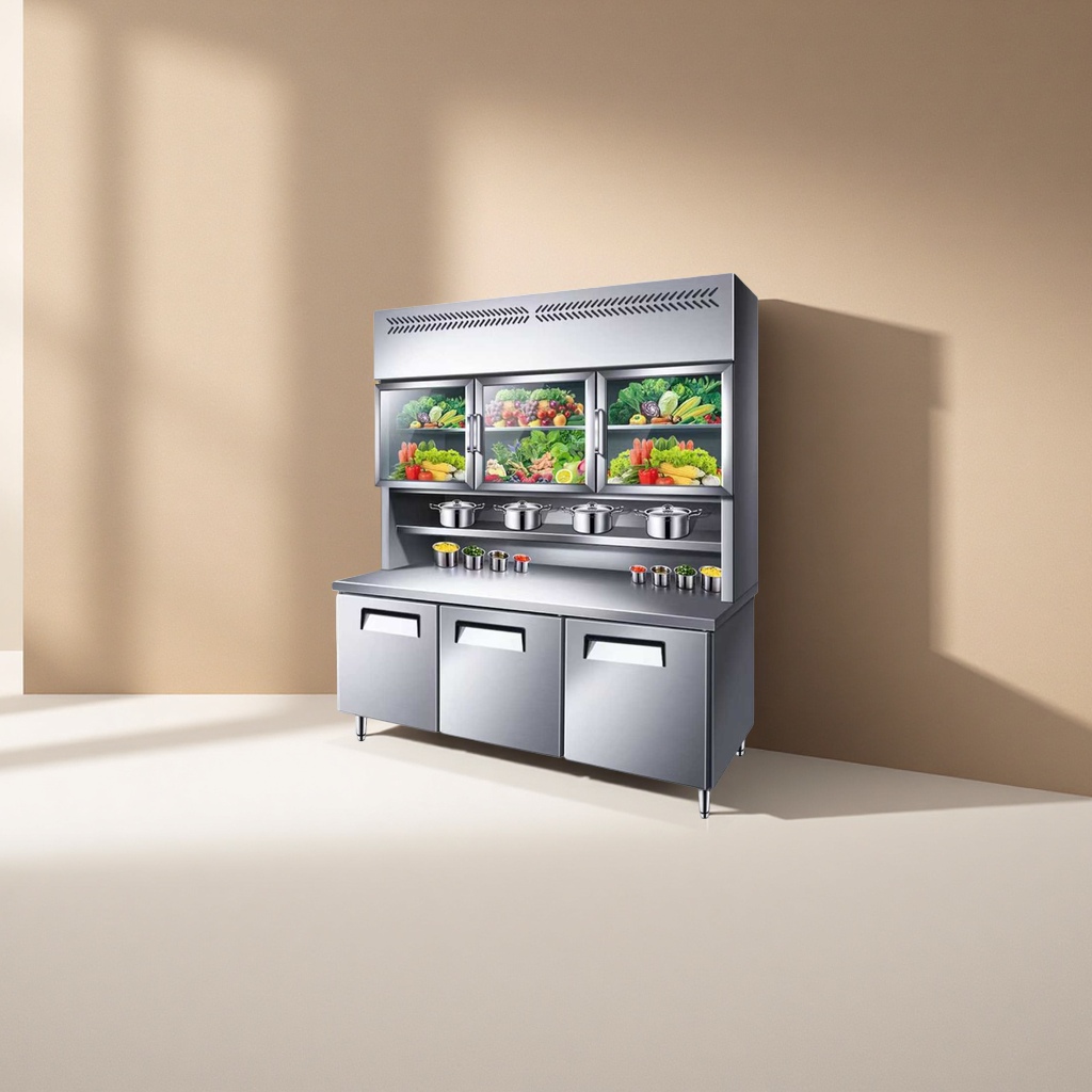 Stainless steel kitchen countertop with storage cabinet and glass display cabinet Application Scenario