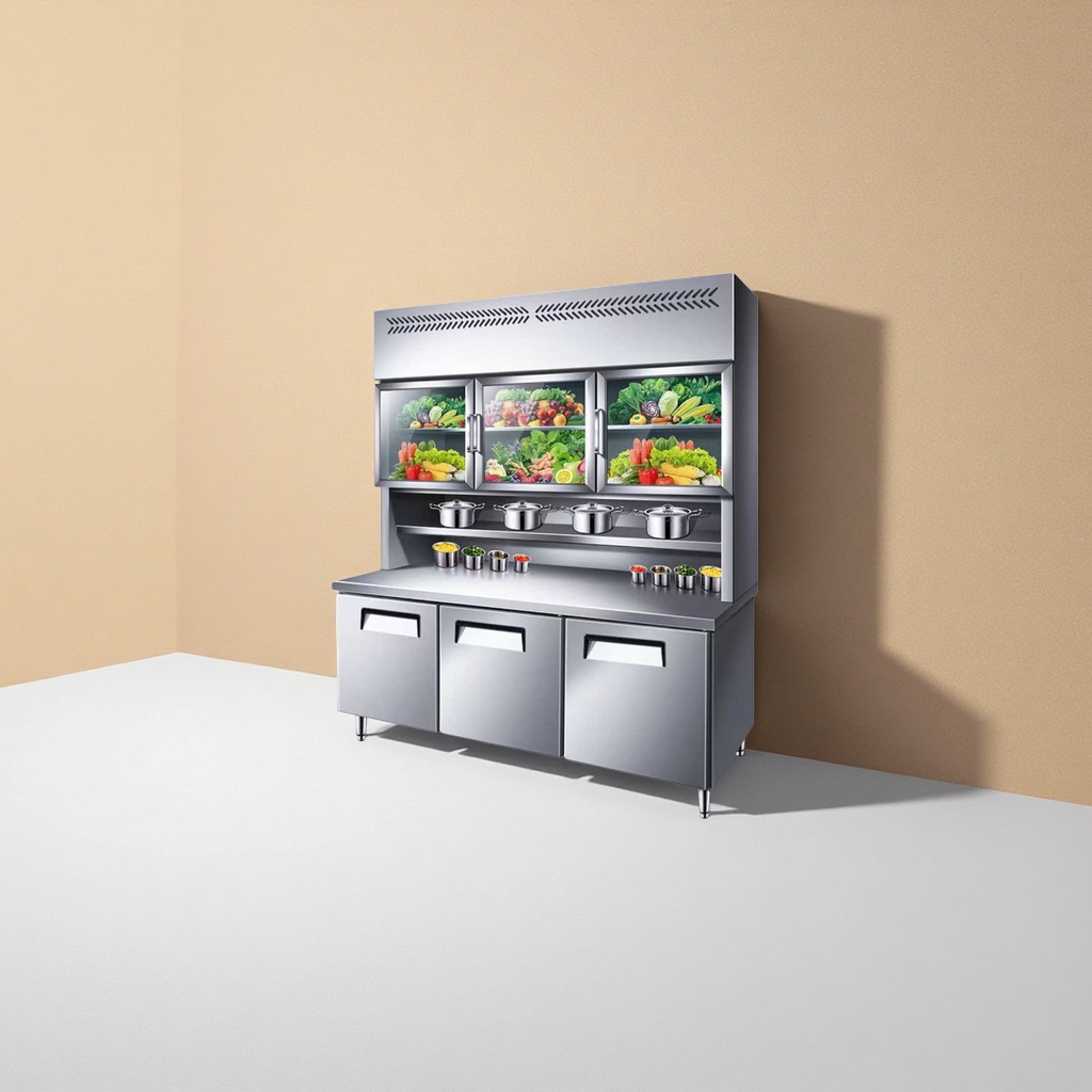 Stainless steel kitchen countertop with storage cabinet and glass display cabinet Specification image