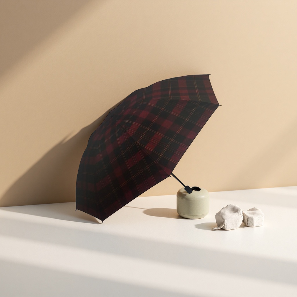 Red and black checkered umbrella for both sunny and rainy days, UV protection, sun protection and shade details Picture