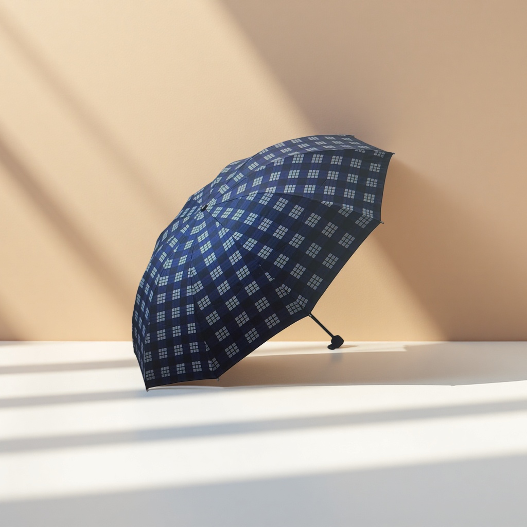 A deep blue checkered automatic opening and closing umbrella for both weather and rain Application Scenario