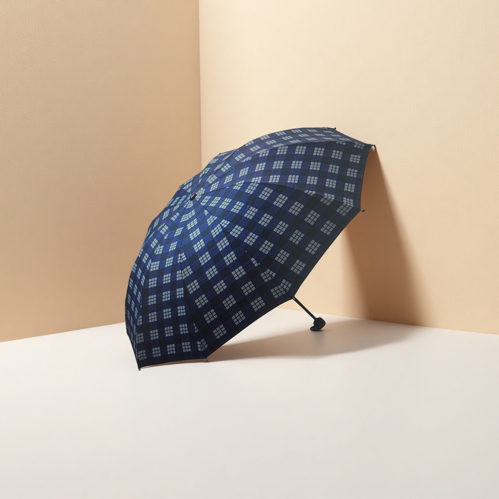 A deep blue checkered automatic opening and closing umbrella for both weather and rain details Picture