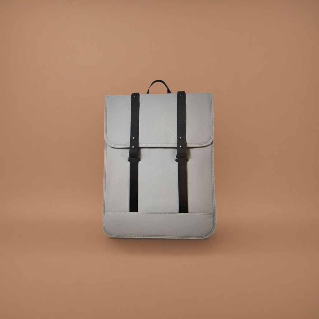 Light grey backpack strap, black leather strap and handle details Picture