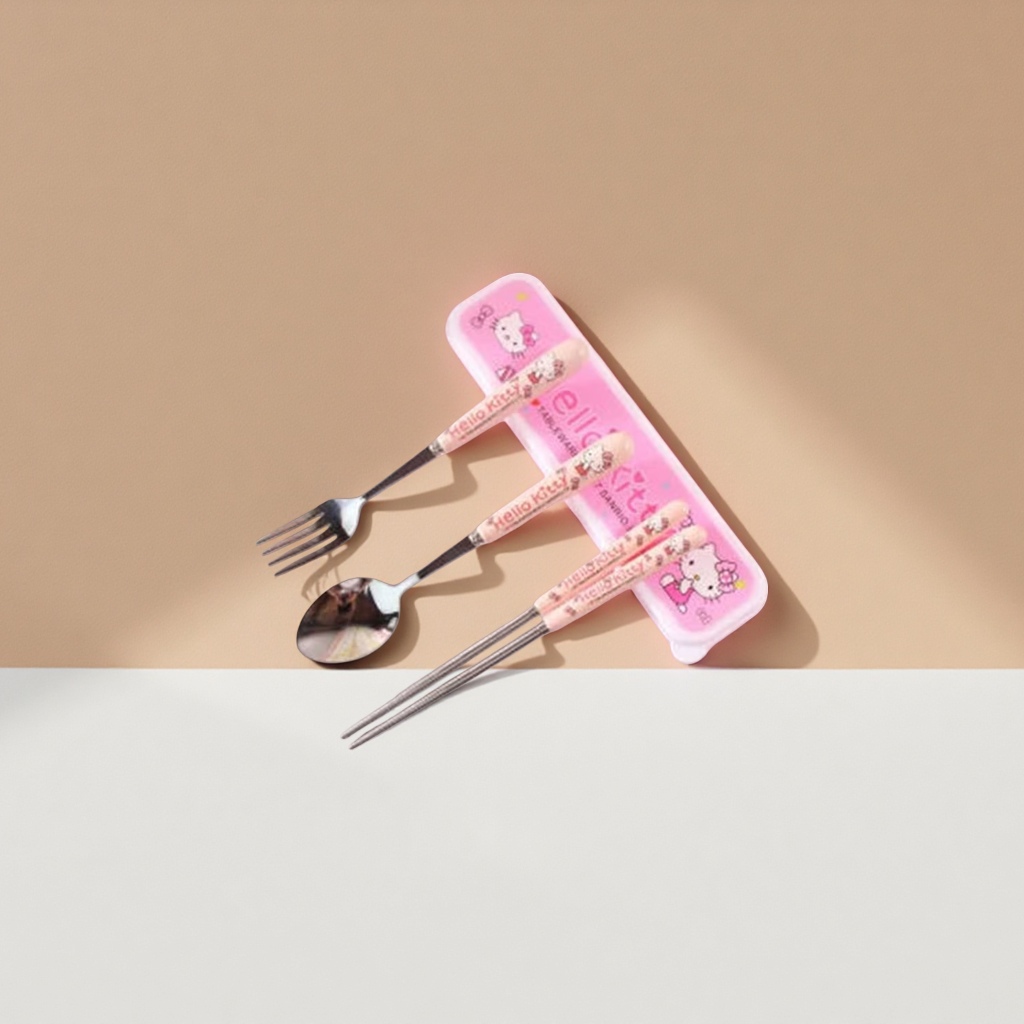 粉色Hello Kitty餐具套装 叉子勺子筷子收纳盒