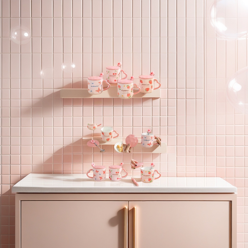 Pink ceramic cup with lid and small spoon set, simple home tea cup and coffee cup Application Scenario