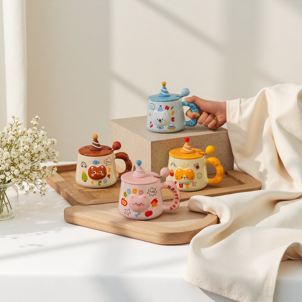 Colorful embossed cartoon animal ceramic cups, household creative water cups, gift cups Application Scenario