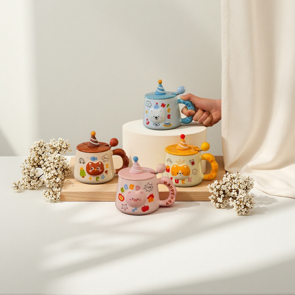 Colorful embossed cartoon animal ceramic cups, household creative water cups, gift cups details Picture