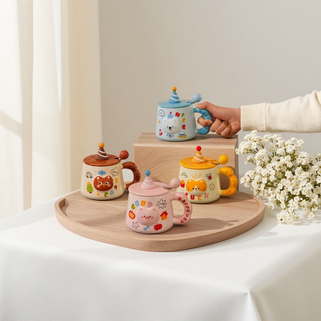Colorful embossed cartoon animal ceramic cups, household creative water cups, gift cups Specification image