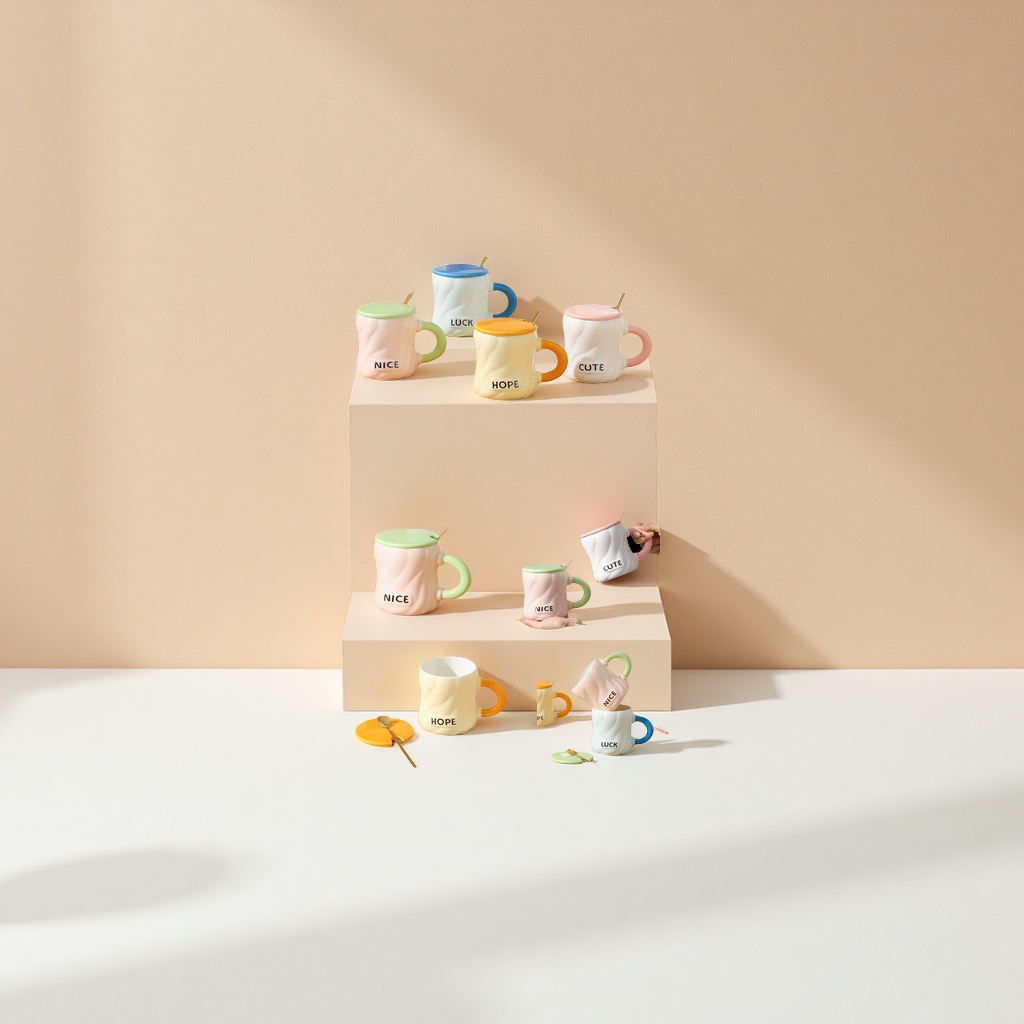 Colored ceramic mugs with ceramic LIDS and stainless steel spoons Colored ceramic mugs with ceramic LIDS and stainless steel spoons