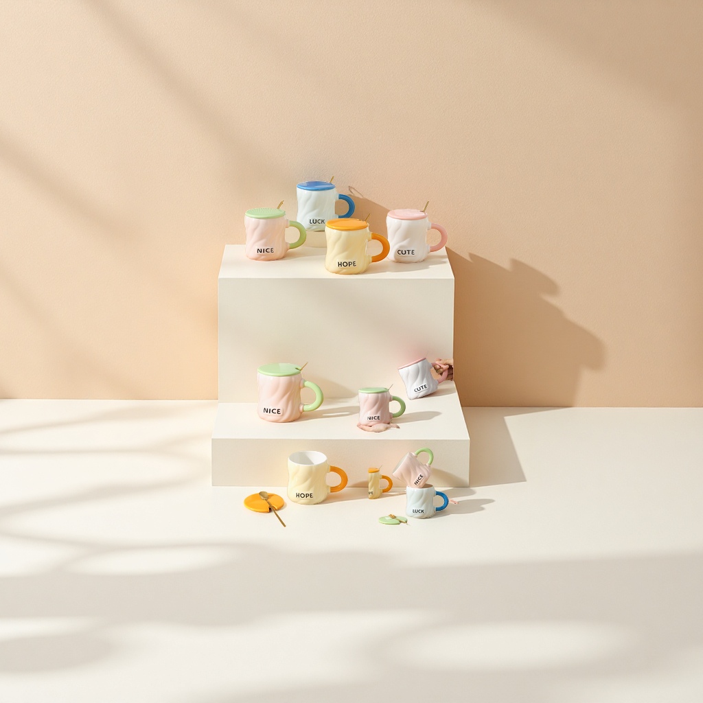 Colored ceramic mugs with ceramic LIDS and stainless steel spoons details Picture